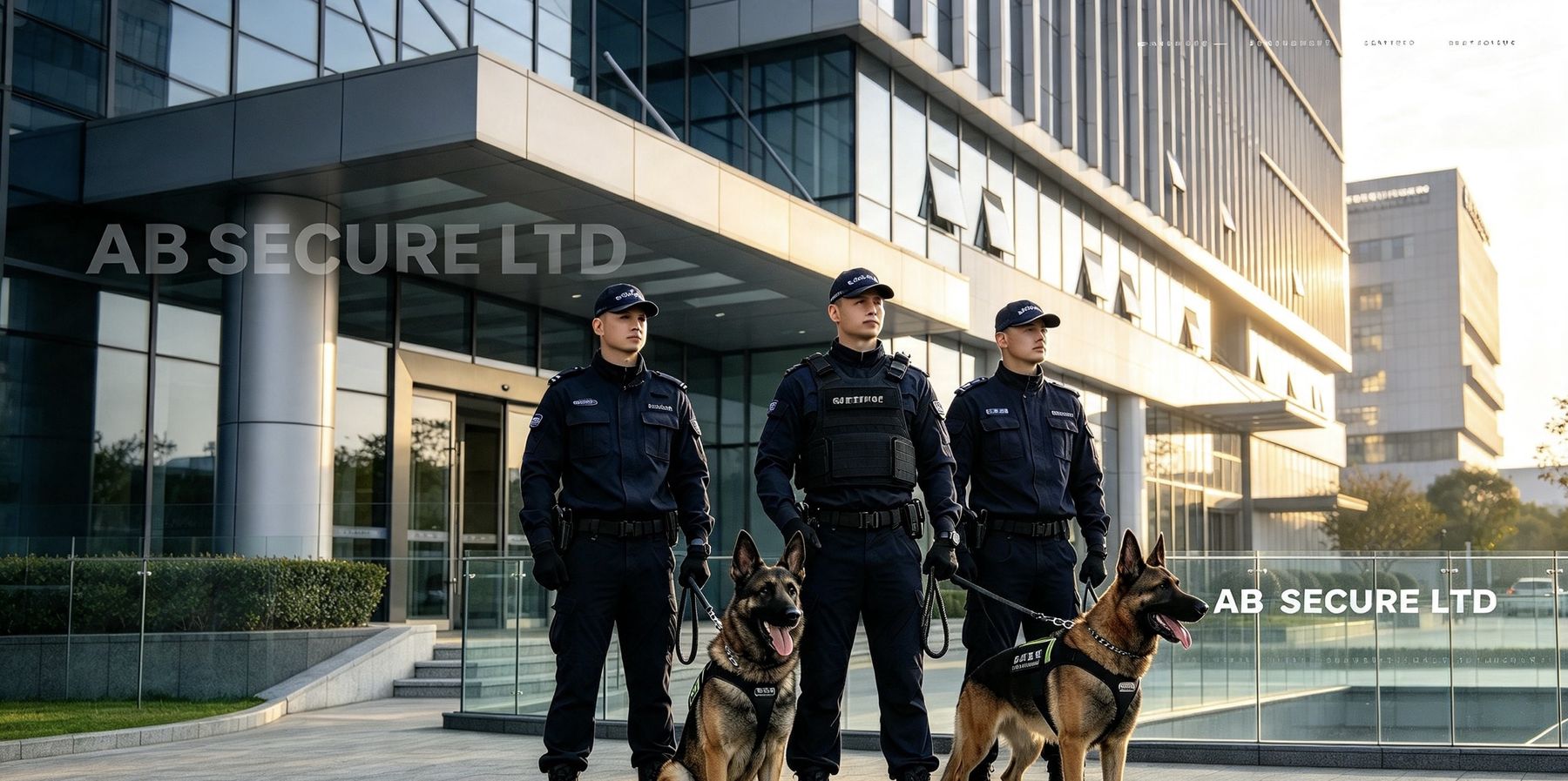 AB Secure dog handlers with two German Shepherds outside an office building