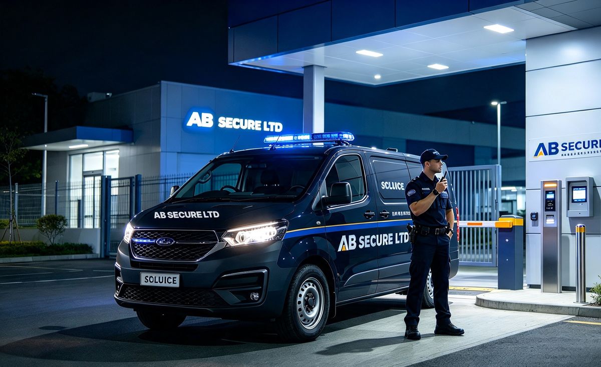 AB Secure mobile patrol van and officer at a site barrier at night